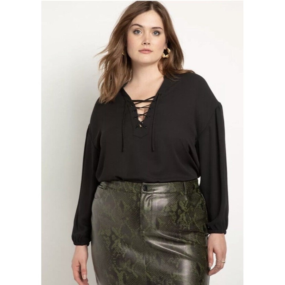 NEW!  Eloquii Size 18 Black Lace-Up Neckline Puff Sleeve Tunic Top